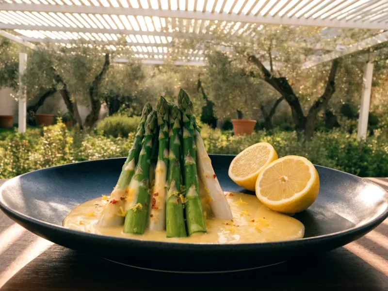 Asperges vertes et blanches nappées de sauce au citron façon hollandaise, sous une pergola bioclimatique blanche