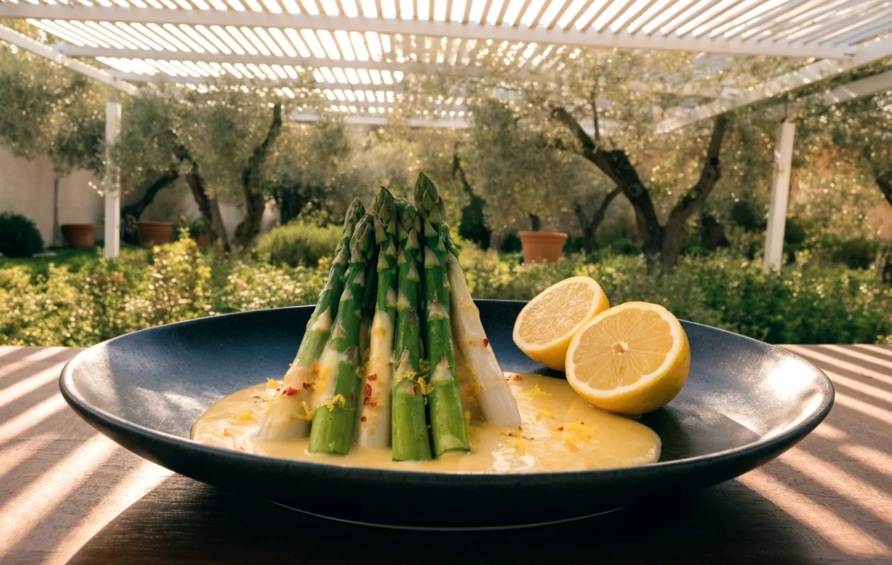 Asperges vertes et blanches nappées de sauce au citron façon hollandaise, sous une pergola bioclimatique blanche