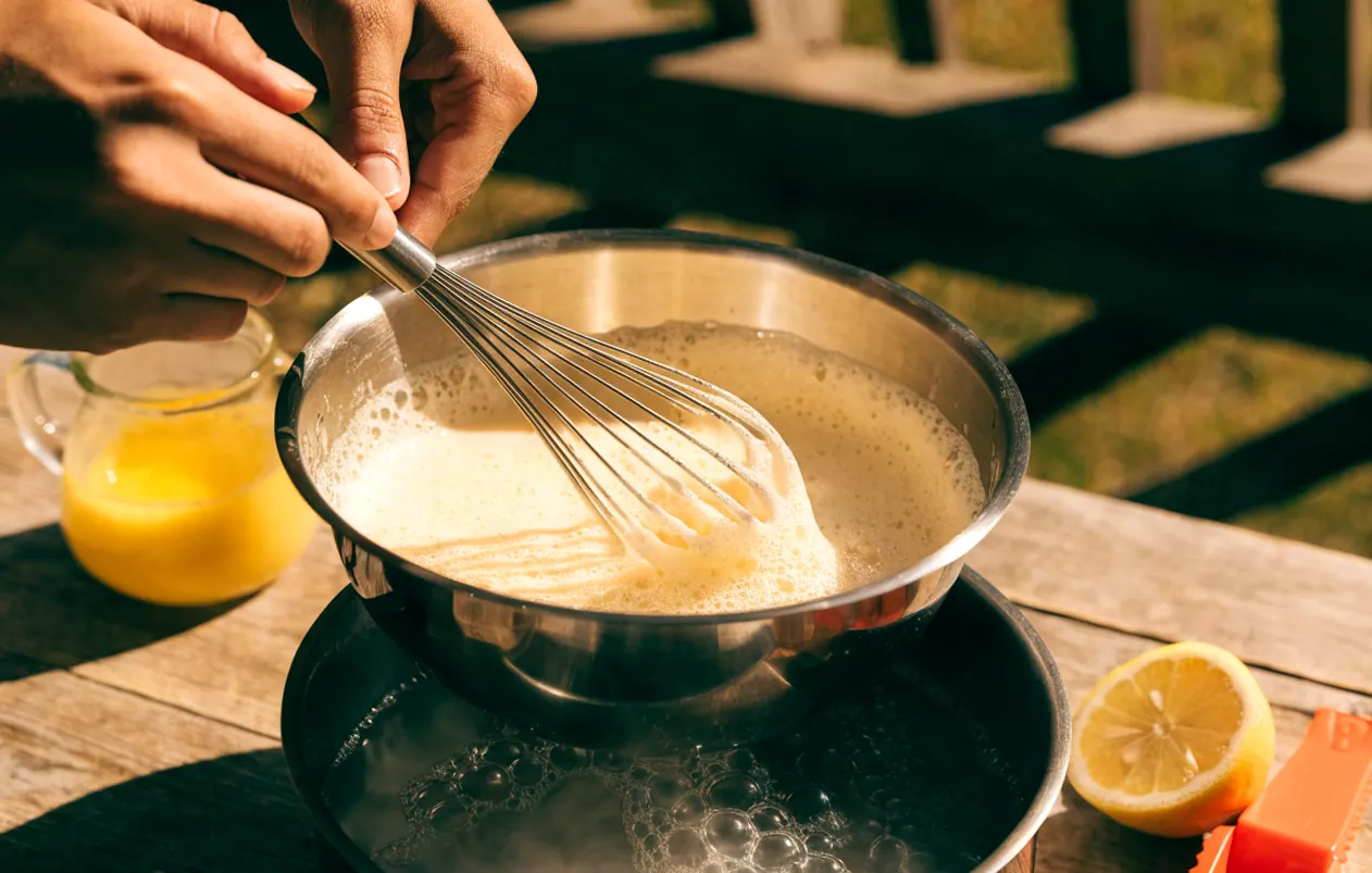 Préparation de la sauce au citron pour asperges : jaunes fouettés au bain-marie, beurre fondu et citron