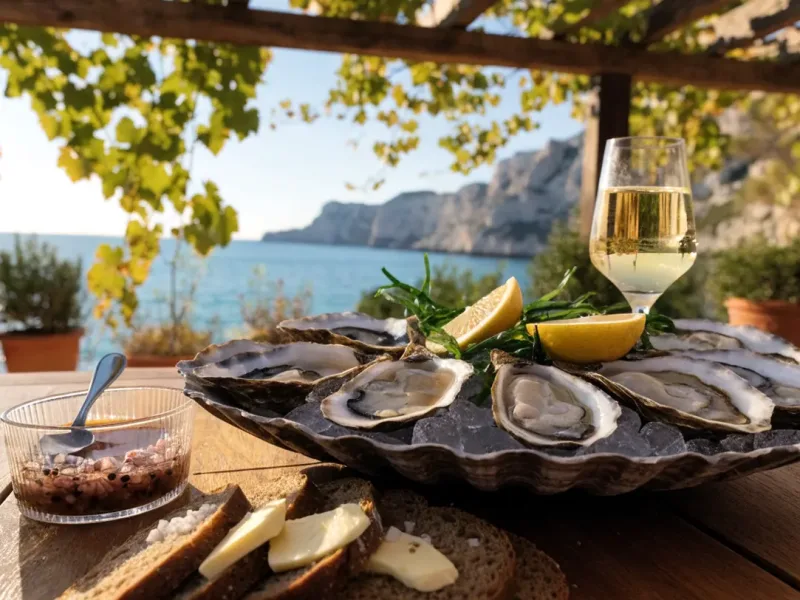 Plateau d’huîtres de Méditerranée et sauce échalote au vinaigre, sous une pergola en bois et vigne face à la mer