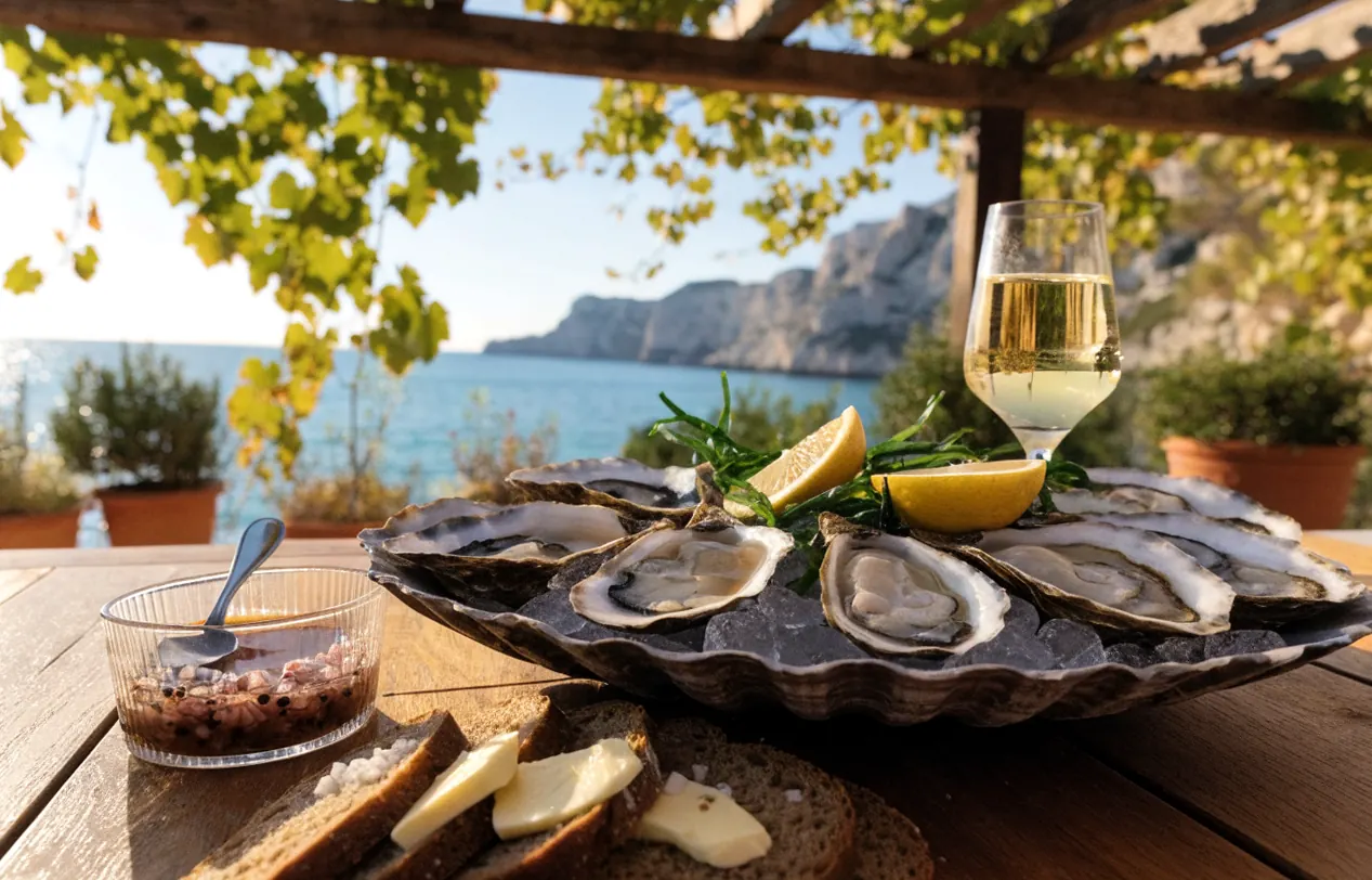 Plateau d’huîtres de Méditerranée et sauce échalote au vinaigre, sous une pergola en bois et vigne face à la mer