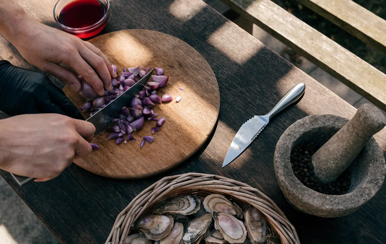 Préparation de la mignonnette : échalotes ciselées, vinaigre de vin rouge et poivre concassé, huîtres à côté