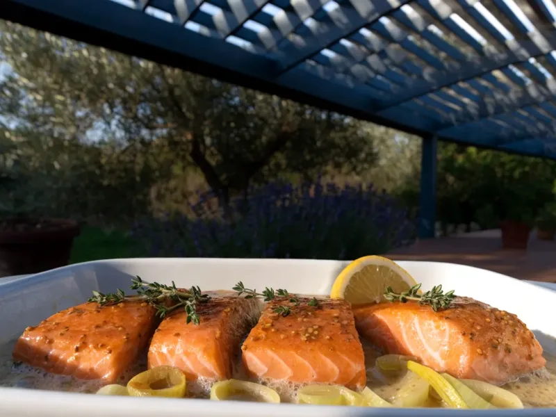 Sauce pour saumon au four à la moutarde et au miel, pavés sur lit de poireaux dans un plat sous une pergola