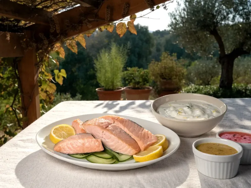 Sauce pour saumon frais au yaourt et à l’aneth servie avec du saumon poché froid sous une pergola en bois
