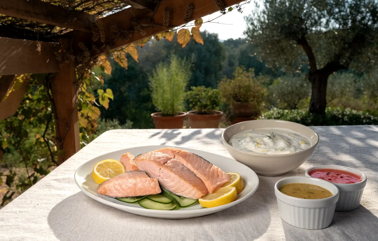 Sauce pour saumon frais au yaourt et à l’aneth servie avec du saumon poché froid sous une pergola en bois