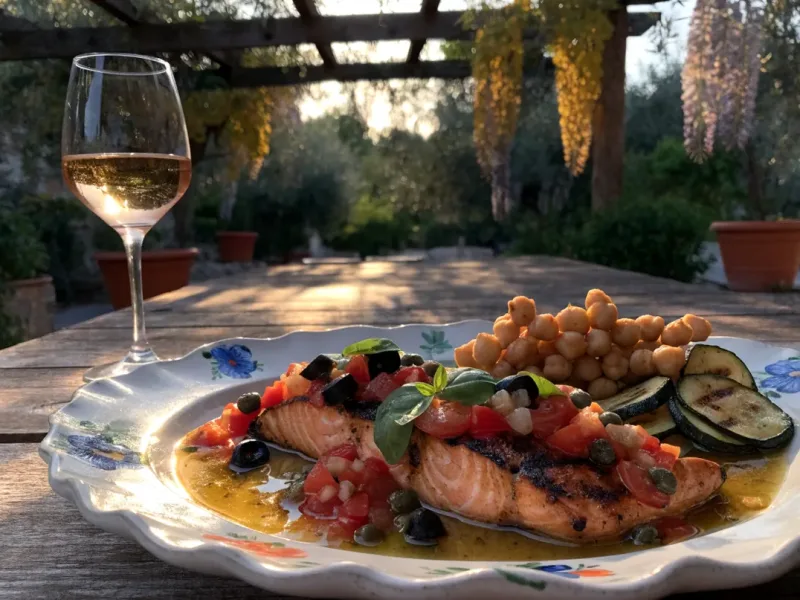 Sauce pour saumon grillé : vierge provençale tiède aux tomates, olives et basilic sous une pergola en bois