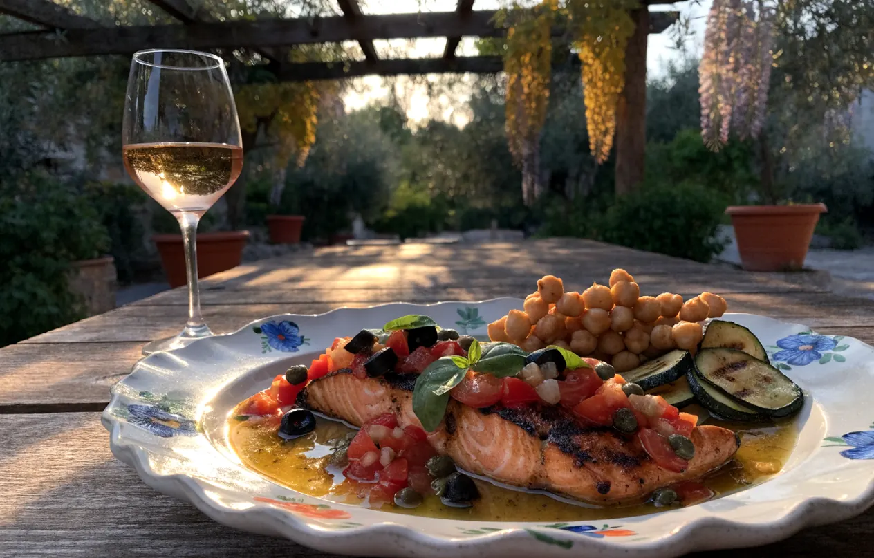 Sauce for grilled salmon: warm Provençal virgin olive oil sauce with tomatoes, olives, and basil, served under a wooden pergola