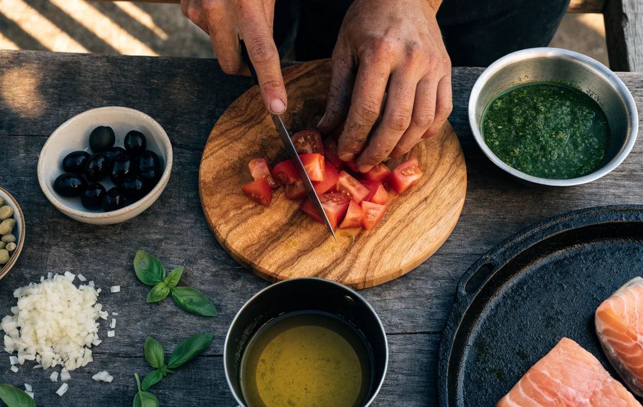 Preparing the sauce for grilled salmon: diced tomatoes, olives, capers, basil, and chimichurri