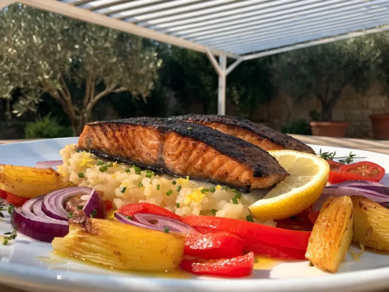 Accompagnement saumon grillé : fenouil et légumes rôtis, écrasé de pommes de terre au citron, sous une pergola bioclimatique