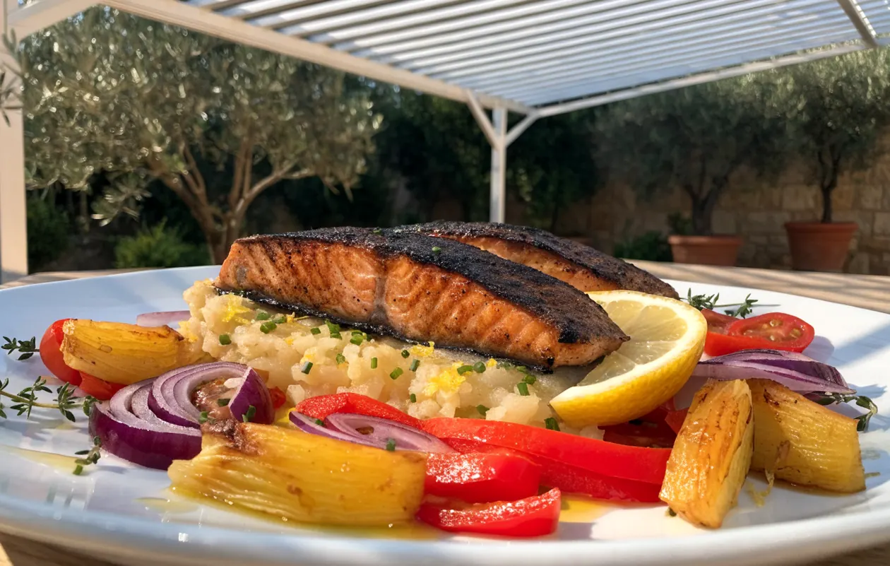 Accompagnement saumon grillé : fenouil et légumes rôtis, écrasé de pommes de terre au citron, sous une pergola bioclimatique