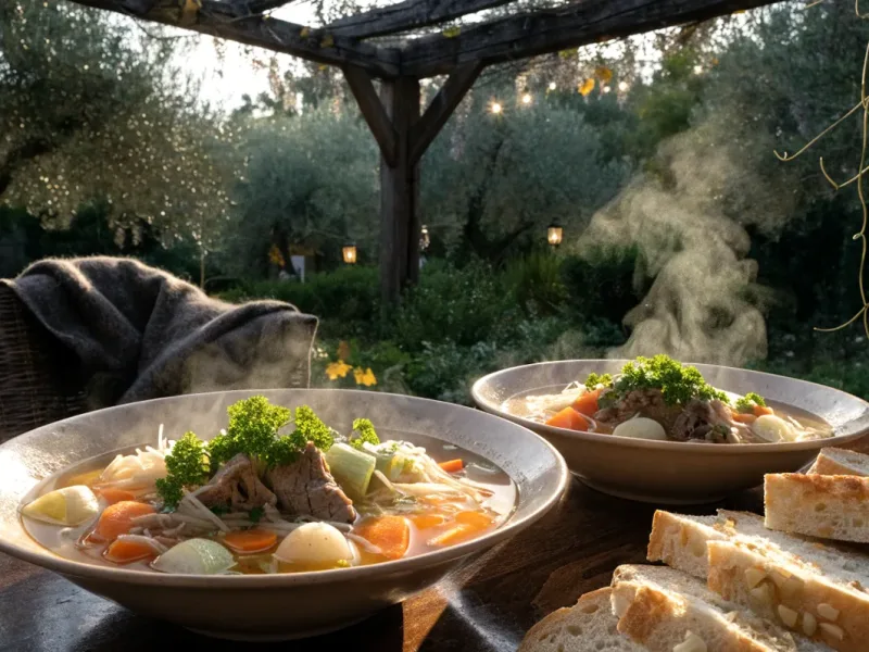 Bols de soupe aux légumes du pot-au-feu et vermicelles servis sous une pergola en bois avec glycine en automne
