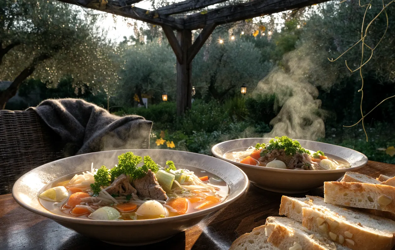 Bols de soupe aux légumes du pot-au-feu et vermicelles servis sous une pergola en bois avec glycine en automne
