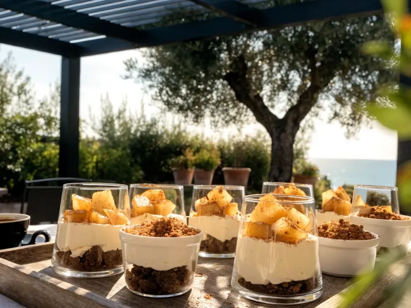 Tiramisu en ramequin et en verrine aux spéculoos et poires caramélisées, servis sous une pergola bioclimatique