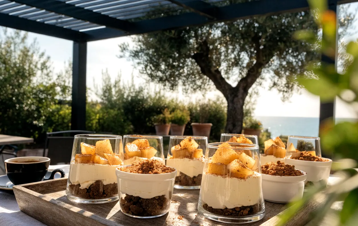 Tiramisu en ramequin et en verrine aux spéculoos et poires caramélisées, servis sous une pergola bioclimatique