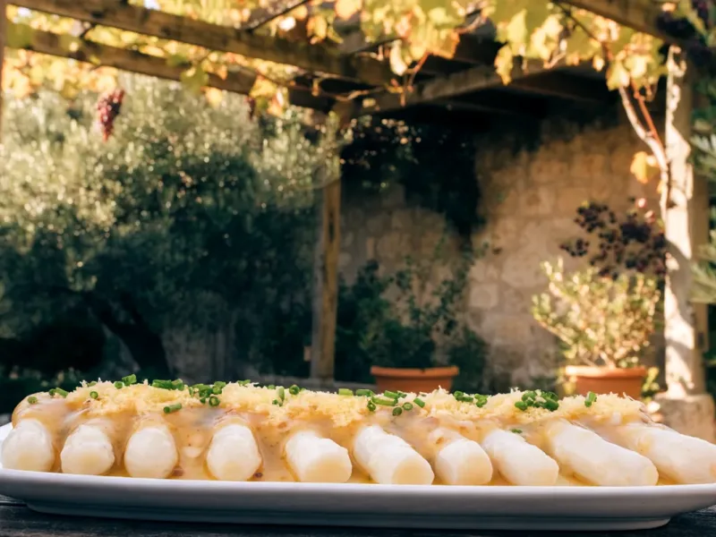 Asperges blanches à la vinaigrette mimosa, œuf râpé et ciboulette, sous une pergola en bois couverte de vigne
